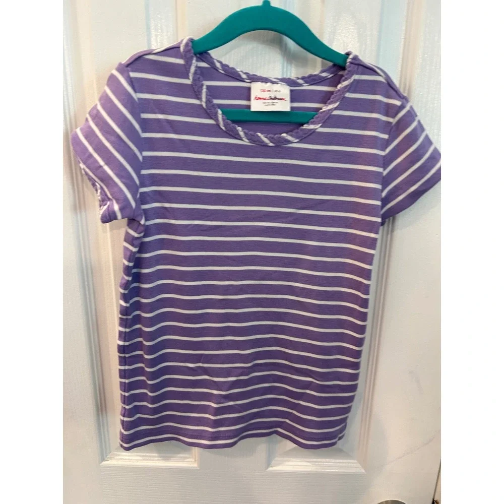Hanna Andersson T-Shirt Purple Striped Pima Cotton Scallop Trim Girls Size 8 130